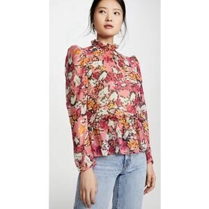 Saloni Silk Georgette Mel Valentine Damask Sheer Peplum Floral Blouse 10